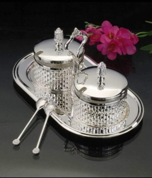 German silver Tray Jar set with spoons