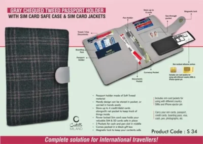 Gray Chequed Tweed Passport Holder