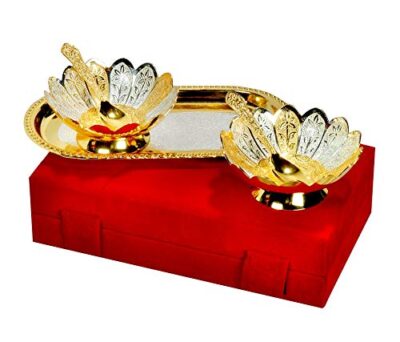 German Silver Gold Plated Bowls and Spoon with Tray Set