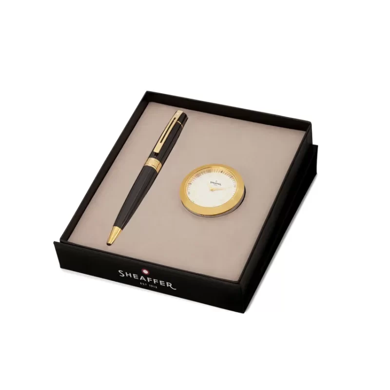 Sheaffer Gift Set 300 Ballpoint Pen with Table Clock Glossy Black with Gold Trims