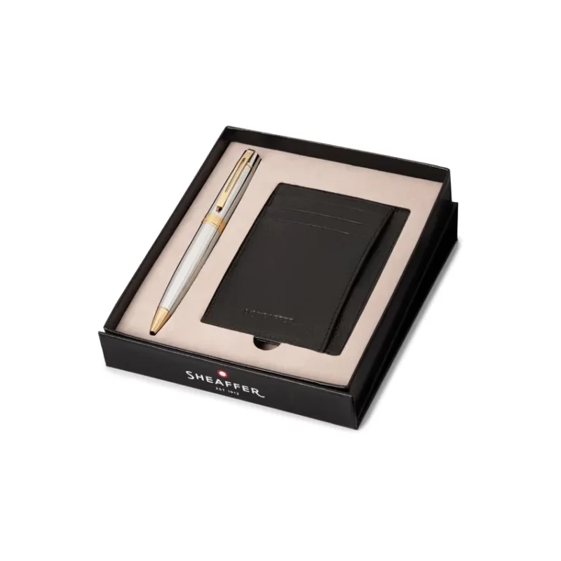 Sheaffer Gift Set 300 Ballpoint Pen with Credit Card Holder Bright Chrome with Gold Trims