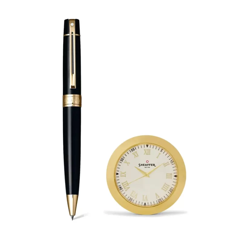 Sheaffer Gift Set 300 Ballpoint Pen with Table Clock Glossy Black with Gold Trims