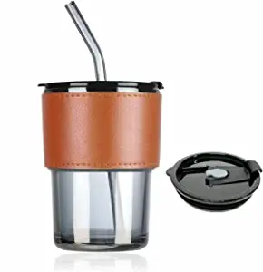 Sipper Bottle with Leather Sleeve Glass Coffee Mug with Straw