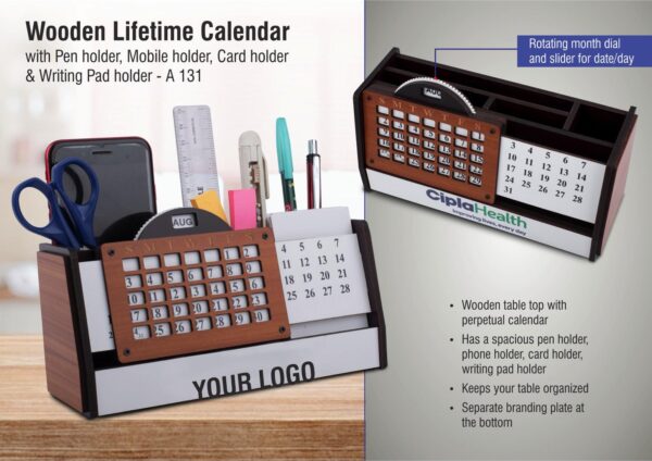 Wooden Calendar with Pen holder, Mobile holder, Card holder and Writing Pad holder