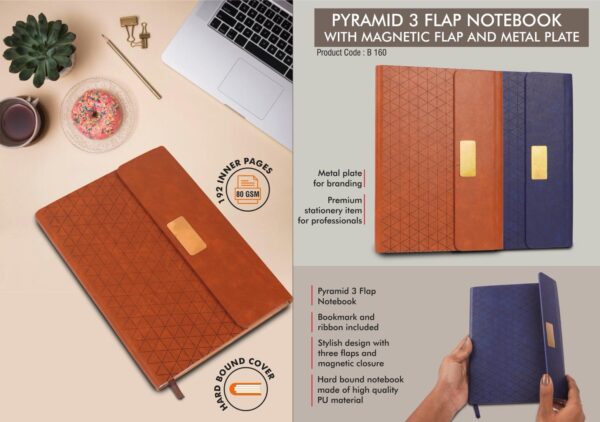 Pyramid 3 fold notebook with Magnetic flap and metal plate