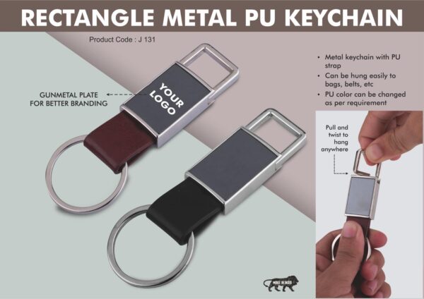 Pull out rectangle metal PU keychain