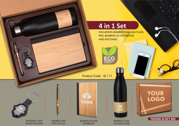 4 in 1 Bamboo set: Keychain, Bamboo vacuum flask, Bamboo pen and A5 bamboo cover notebook in Kraft Gift Box