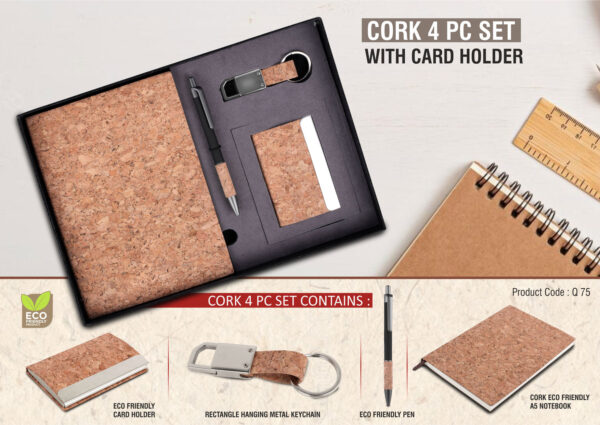 Cork 4 pc set: Cork notebook with Visiting Card holder, pen and keychain