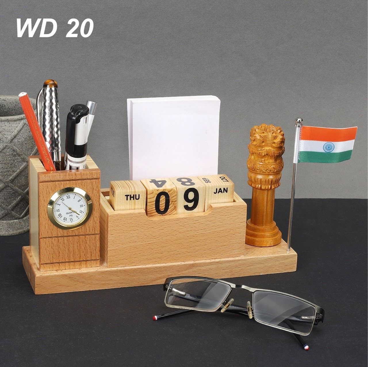 345 wooden desktop pen stand & calender