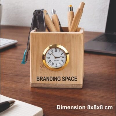 Wooden Pen Stand with Clock for Office Desk