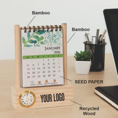 Bamboo Desk Calendar with Clock
